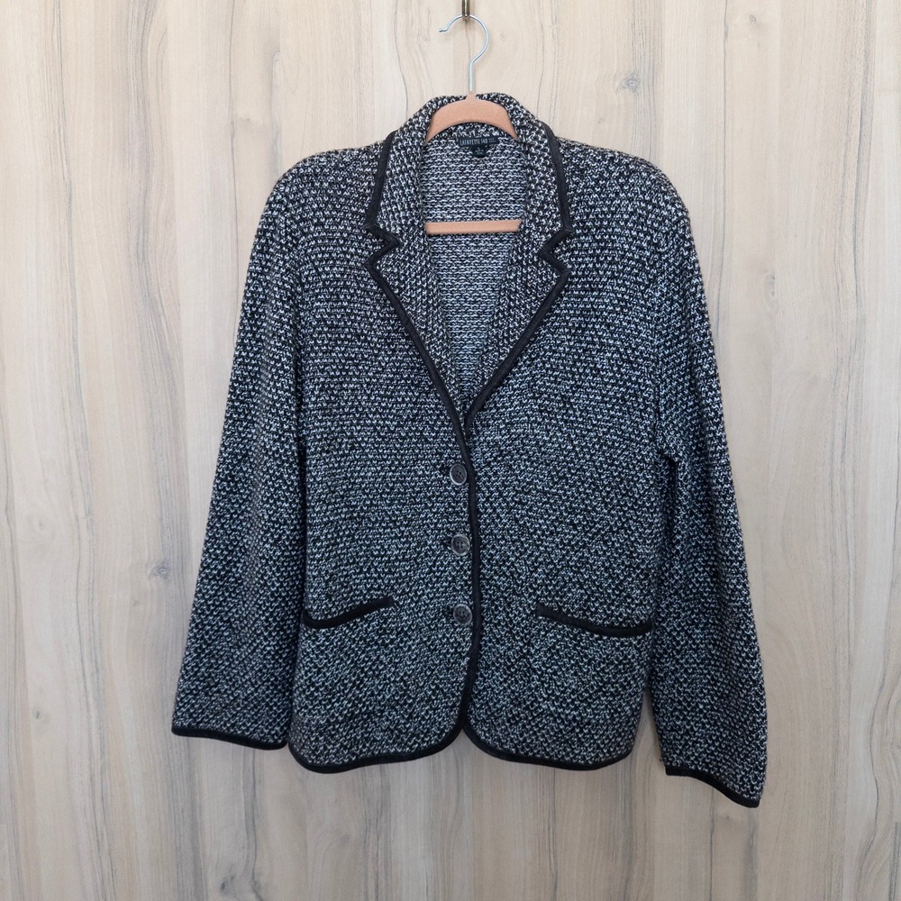 Lafayette 148 Womens Wool Blend Blazer L Black White Leather Trim Career Classic